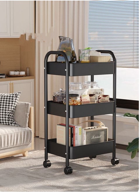 3 Tier Metal Utility Rolling Cart, Metal Tray Storage Organizer Cart, Art Craft Cart with 4 Hooks for Kitchen Bathroom Office Living Room(Black)