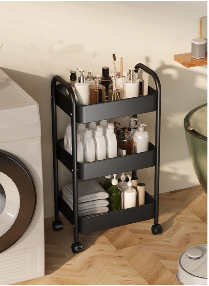 3 Tier Metal Utility Rolling Cart, Metal Tray Storage Organizer Cart, Art Craft Cart with 4 Hooks for Kitchen Bathroom Office Living Room(Black)