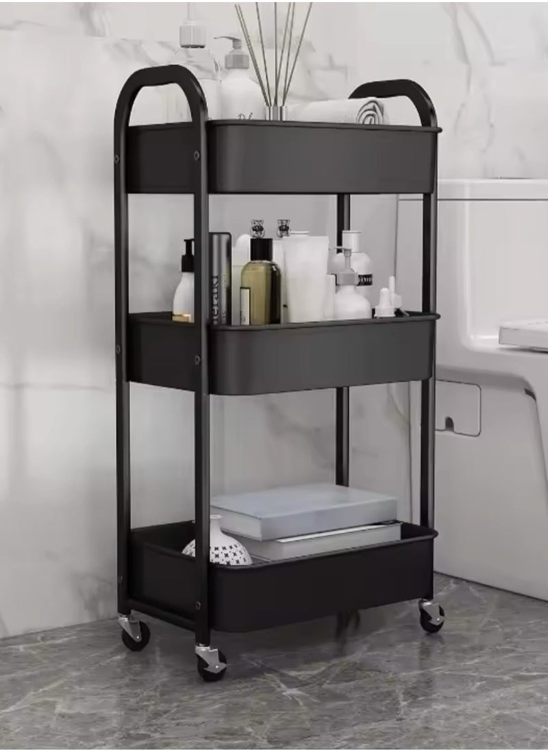 3 Tier Metal Utility Rolling Cart, Metal Tray Storage Organizer Cart, Art Craft Cart with 4 Hooks for Kitchen Bathroom Office Living Room(Black)
