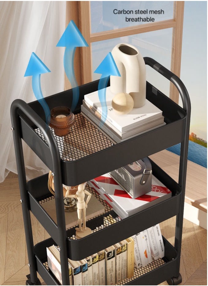 3 Tier Metal Utility Rolling Cart, Metal Tray Storage Organizer Cart, Art Craft Cart with 4 Hooks for Kitchen Bathroom Office Living Room(Black)