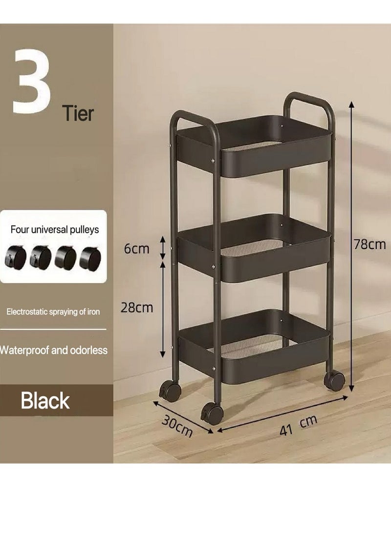 3 Tier Metal Utility Rolling Cart, Metal Tray Storage Organizer Cart, Art Craft Cart with 4 Hooks for Kitchen Bathroom Office Living Room(Black)