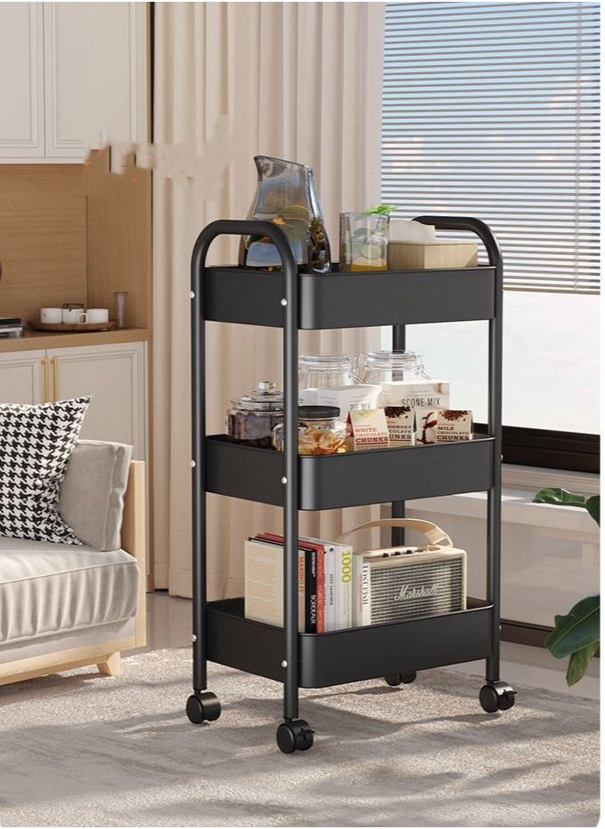 3 Tier Metal Utility Rolling Cart, Metal Tray Storage Organizer Cart, Art Craft Cart with 4 Hooks for Kitchen Bathroom Office Living Room(Black)
