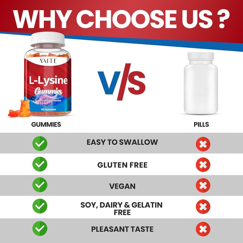 VAITE LLysine 1000mg Gummies  Supports Skin Lip Vegan Gluten Free 60 Chewable Lysine for Adults Vitamins Tissue Health  Immune System Amino Acid Vitamin Supplement  Complex Supplements 2 Pack - Image 5