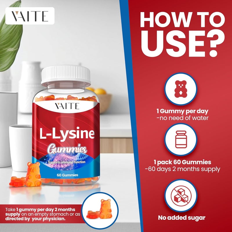 VAITE LLysine 1000mg Gummies  Supports Skin Lip Vegan Gluten Free 60 Chewable Lysine for Adults Vitamins Tissue Health  Immune System Amino Acid Vitamin Supplement  Complex Supplements 2 Pack - Image 4