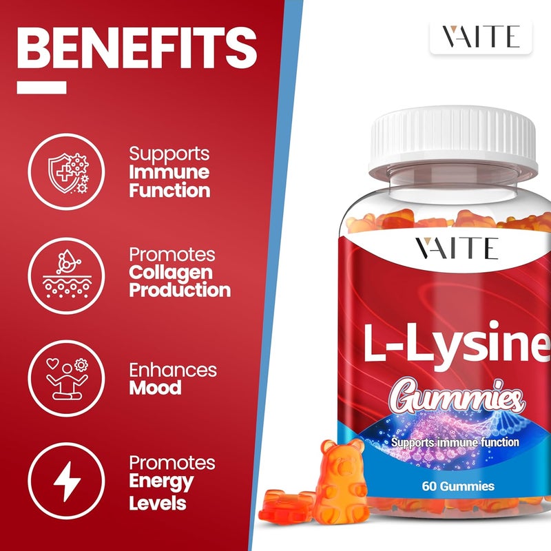 VAITE LLysine 1000mg Gummies  Supports Skin Lip Vegan Gluten Free 60 Chewable Lysine for Adults Vitamins Tissue Health  Immune System Amino Acid Vitamin Supplement  Complex Supplements 2 Pack - Image 2