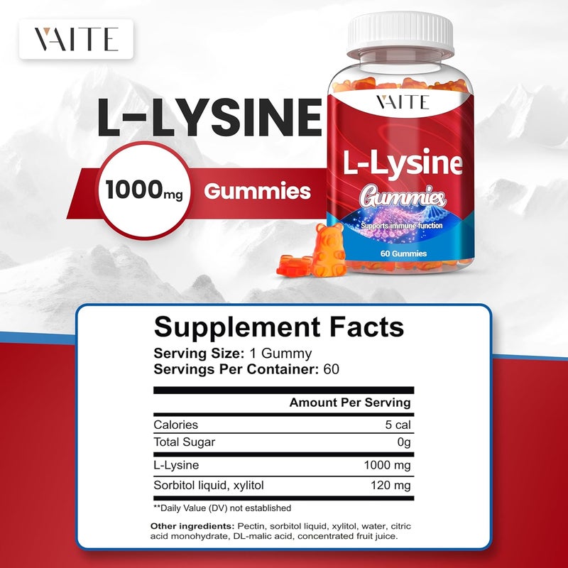 VAITE LLysine 1000mg Gummies  Supports Skin Lip Vegan Gluten Free 60 Chewable Lysine for Adults Vitamins Tissue Health  Immune System Amino Acid Vitamin Supplement  Complex Supplements 2 Pack - Image 3
