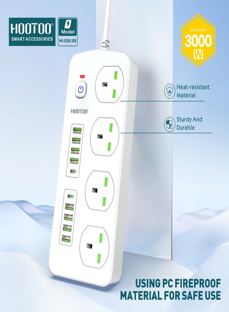 HooToo 4-outlet power strip. extension socket with 8-port USB & 2-port Type-C PD. 5-meter extension wire. 750°C heat-resistant power extension. 3000W original multi plug. extension board with overvoltage protection ,and Switch with on/off switch for safety.  - Image 2