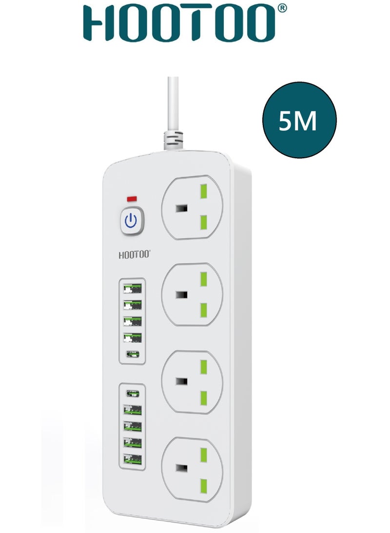 HooToo 4-outlet power strip. extension socket with 8-port USB & 2-port Type-C PD. 5-meter extension wire. 750°C heat-resistant power extension. 3000W original multi plug. extension board with overvoltage protection ,and Switch with on/off switch for safety.  - Image 1