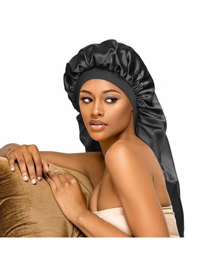 Tailpa Long Satin Bonnet Sleep Cap,Black Extra Large Silk Bonnet for Natural Hair, Bonnets for Women Night Sleep,Wide Elastic Band, Very Soft & Comfortable (Black) - Image 1