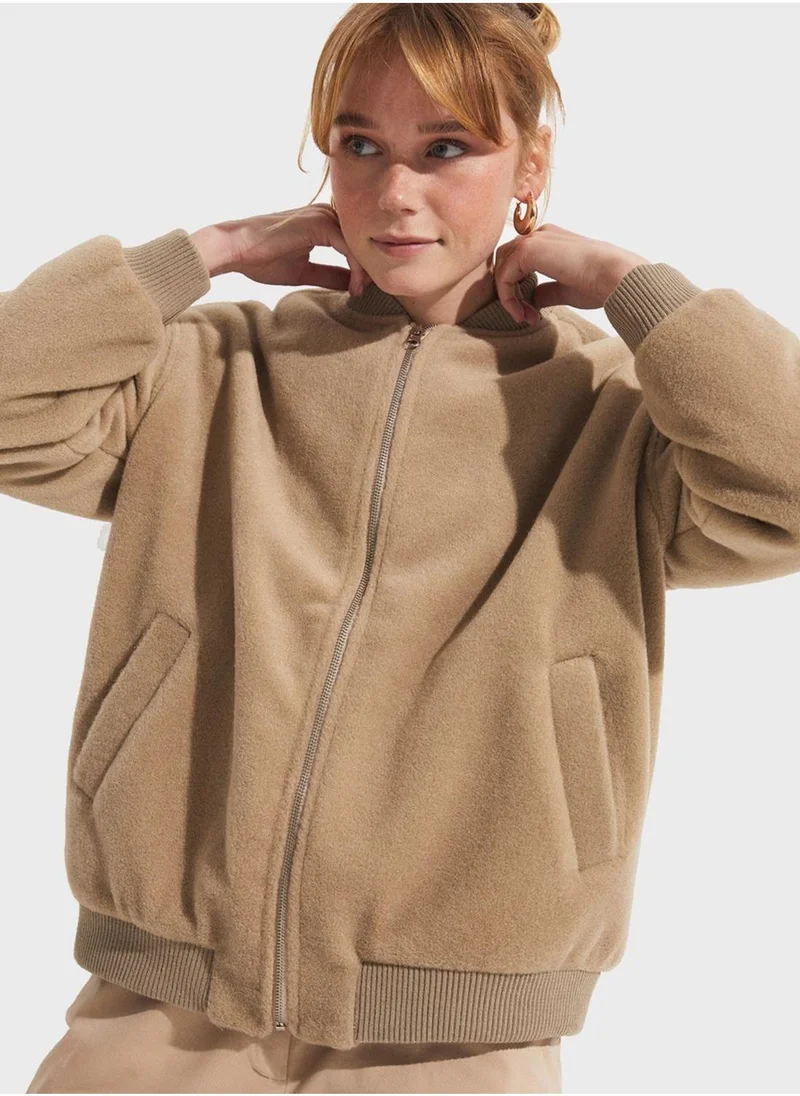 JUNE Zipper Detail Bomber Jacket