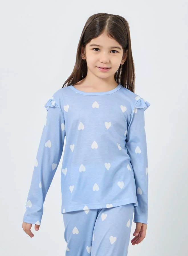 Styli Styli Blue Heart Printed Long Sleeve Top and Pyjama Set