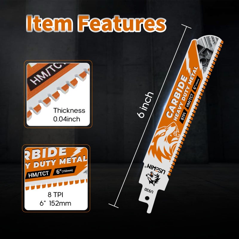 USEWIN 3 Pack Carbide Reciprocating Saw Blades, 6 Inch 8 TPI Metal Blades, Pruning Blade for Reciprocating Saw for Thick Metal, Cast Iron, Alloy Steel - Image 3