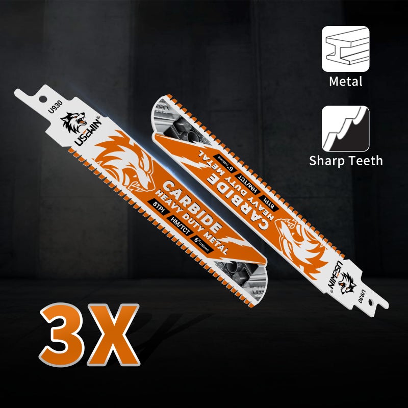 USEWIN 3 Pack Carbide Reciprocating Saw Blades, 6 Inch 8 TPI Metal Blades, Pruning Blade for Reciprocating Saw for Thick Metal, Cast Iron, Alloy Steel - Image 2