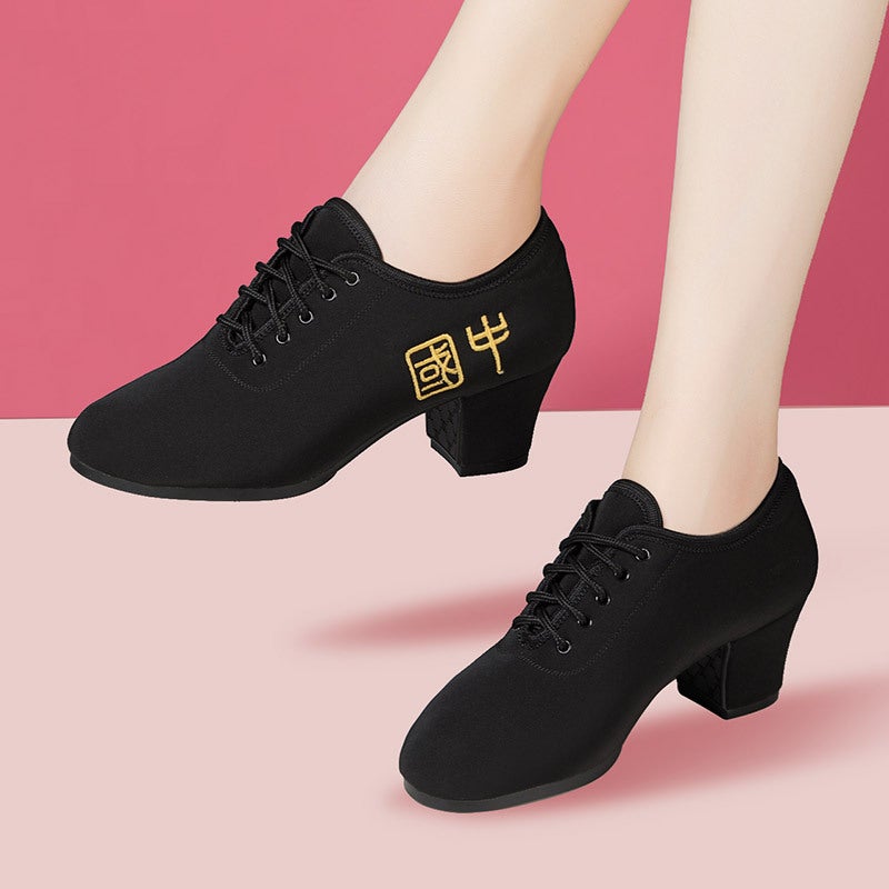 Generic Latin dance shoes adult female mid heel soft bottom teacher body shoes square dance Oxford cloth shoes sailor dance boots autumn and winter Short top 69055