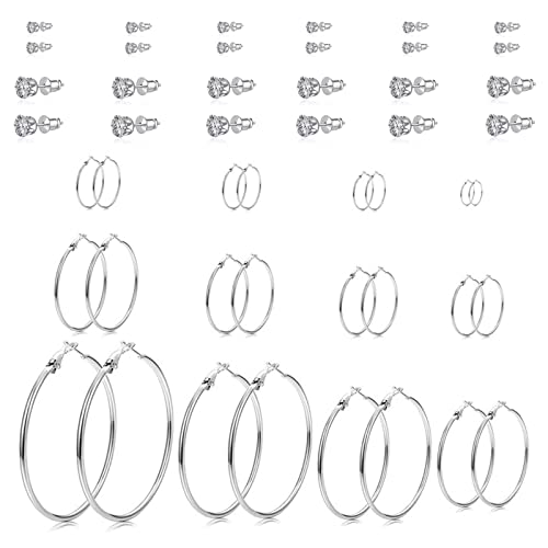 Spiritlele 24 Pairs Silver Hoop Earrings Lightweight Multipack Cubic Zirconia Earrings Assorted Earrings Set for Women - Image 1