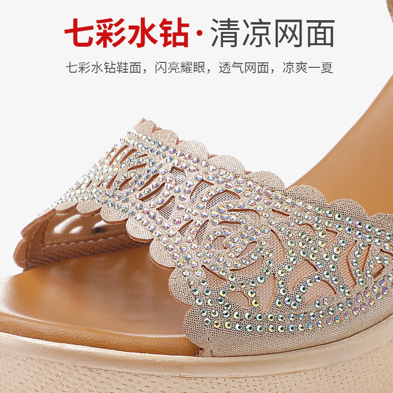 Diamond-Encrusted Wedge Sandals For Women Summer Genuine Leather Cut Out Carved Buckle Fashion Women'S Shoes Fish Mouth Thick Sole Style - Image 4