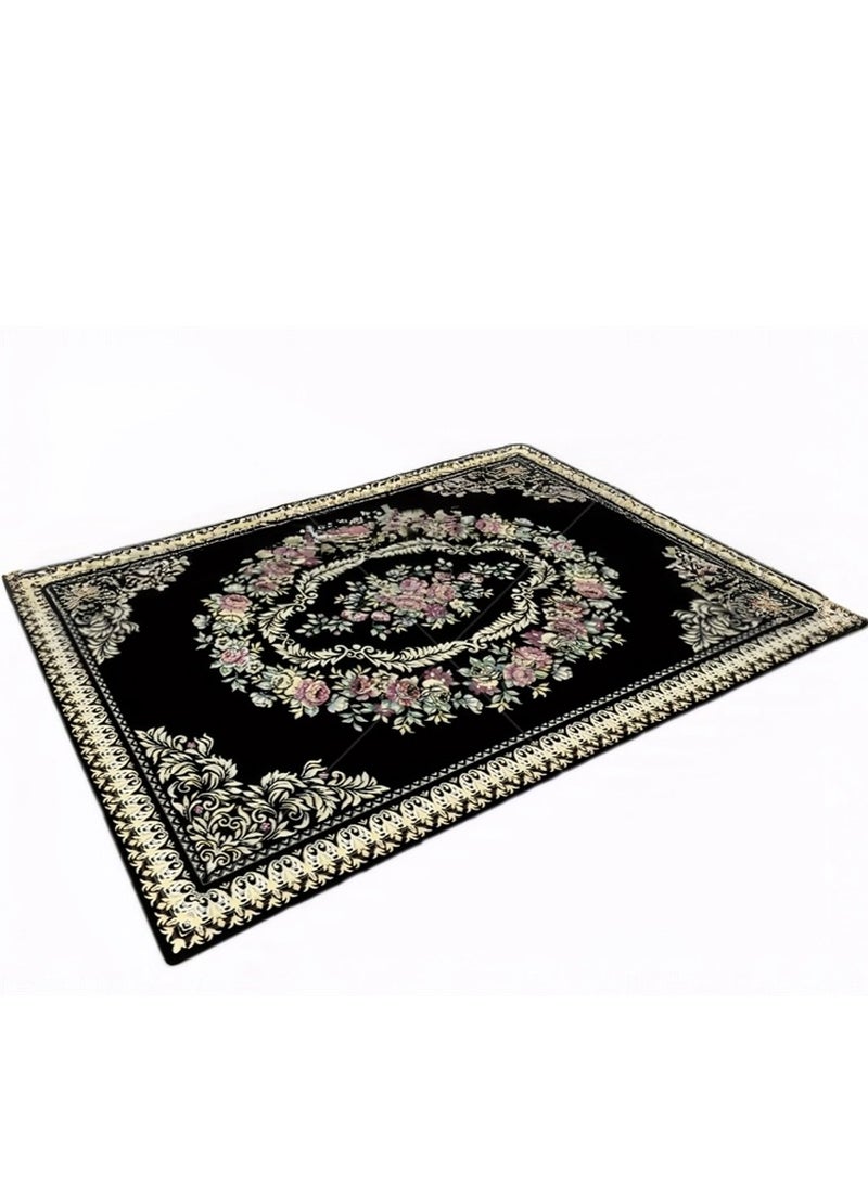 Washable Carpet, Modern Non-Slip Area Rugs with Print Boho, Home Decor Thin Vintage Floor Carpet Indoor Mat Floral Print Rugs for Living Room Bedroom Dining Room Office (Black 200*300cm) ﻿  - Image 2