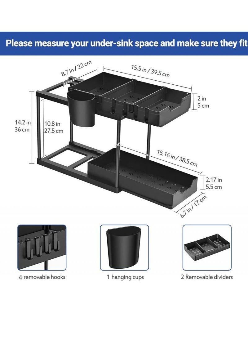 Under Sink Organizers and Storage 2-Tier Double Sliding Pull-out Drawer, Under the Sink Organizer Kitchen Multi-purpose Under Bathroom Sink Shelf Storage Rack for Cabinet 36.5*40*16.5cm
