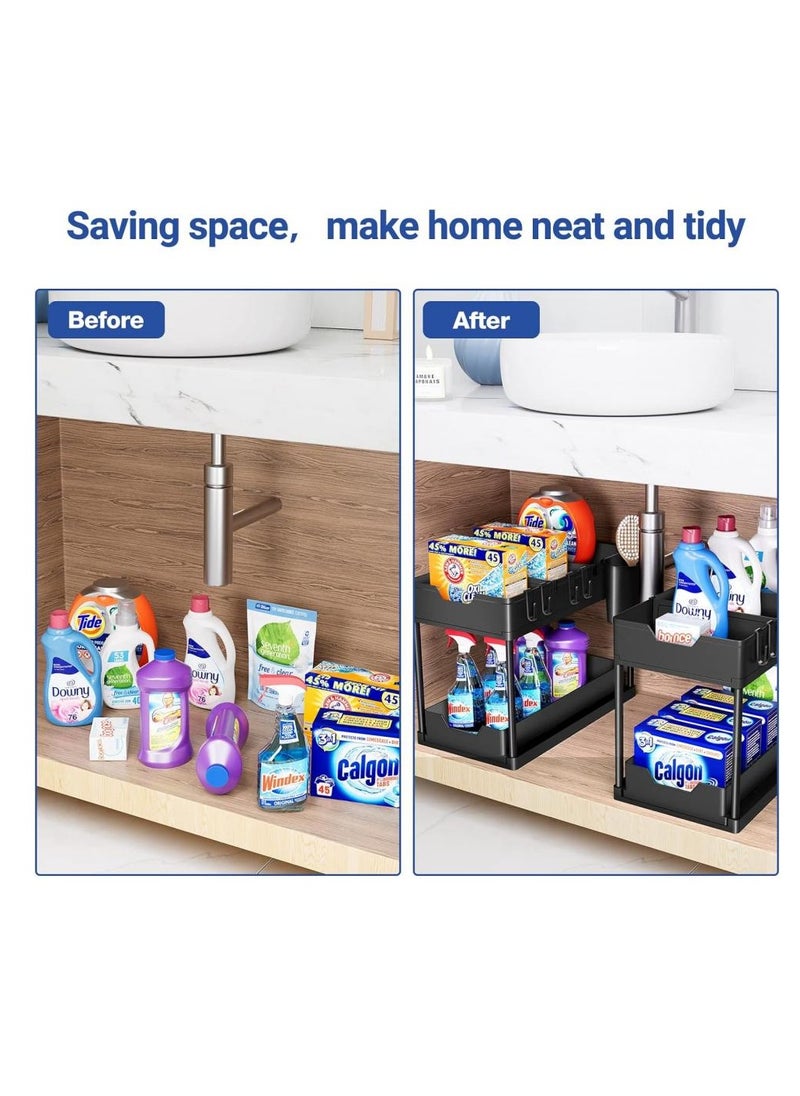 Under Sink Organizers and Storage 2-Tier Double Sliding Pull-out Drawer, Under the Sink Organizer Kitchen Multi-purpose Under Bathroom Sink Shelf Storage Rack for Cabinet 36.5*40*16.5cm