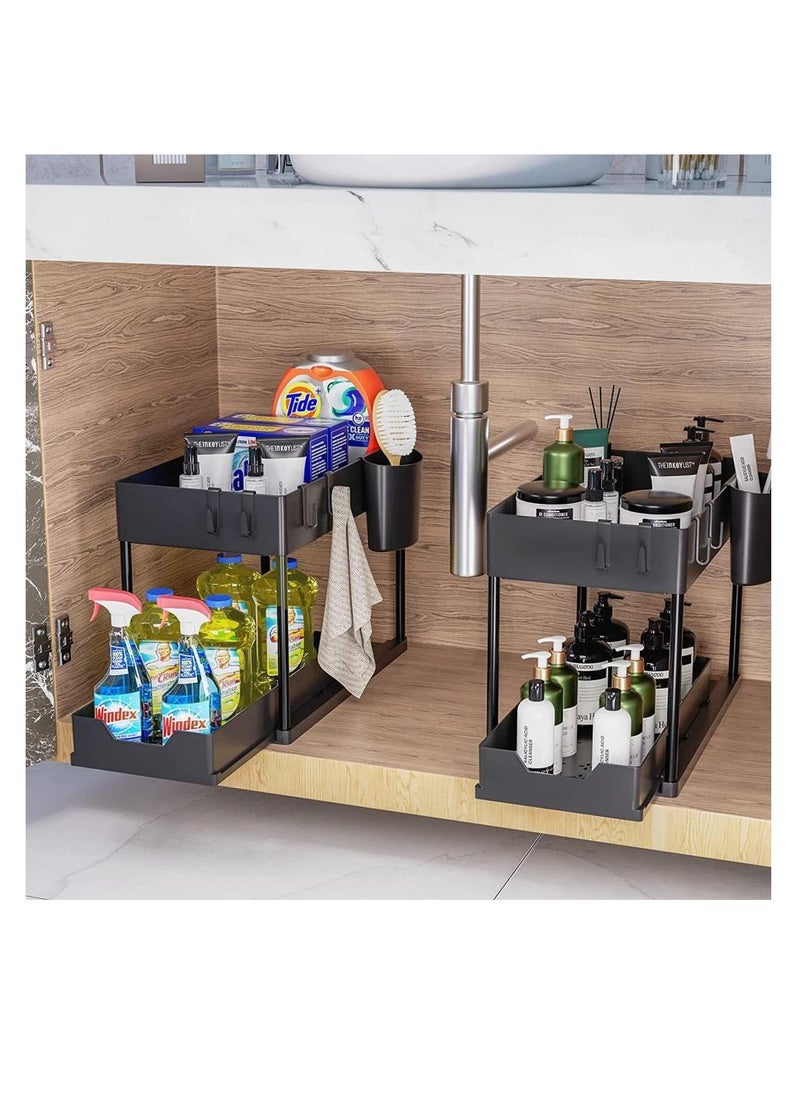 Under Sink Organizers and Storage 2-Tier Double Sliding Pull-out Drawer, Under the Sink Organizer Kitchen Multi-purpose Under Bathroom Sink Shelf Storage Rack for Cabinet 36.5*40*16.5cm