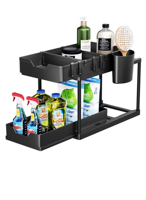 Under Sink Organizers and Storage 2-Tier Double Sliding Pull-out Drawer, Under the Sink Organizer Kitchen Multi-purpose Under Bathroom Sink Shelf Storage Rack for Cabinet 36.5*40*16.5cm