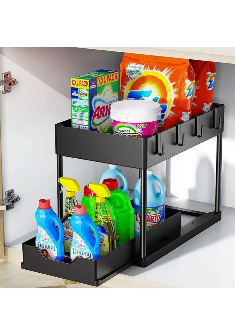 Under Sink Organizers and Storage 2-Tier Double Sliding Pull-out Drawer, Under the Sink Organizer Kitchen Multi-purpose Under Bathroom Sink Shelf Storage Rack for Cabinet 36.5*40*16.5cm