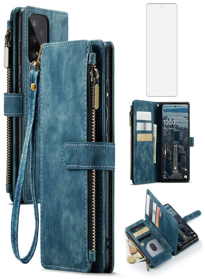 Asuwish Phone Case for Samsung Galaxy A52/A52S 5G Wallet Cover and Tempered Glass Screen Protector Flip Credit Card Holder Stand Cell Accessories Glaxay A 52 S 4G G5 Gaxaly 52A S52 52S Women Men Blue - Image 1
