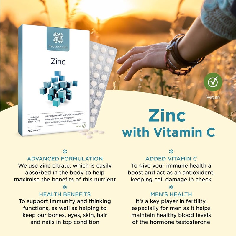 Healthspan Zinc with Vitamin C 360 Tablets Immune Health Bones Eyes Skin Hair Nails 15mg Zinc 80mg Vitamin C per Tablet Easily Absorbable OneADay Easy to Swallow Vegan - Image 3