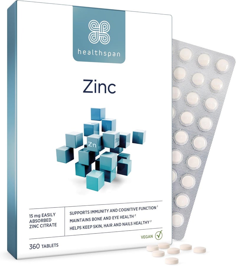 Healthspan Zinc with Vitamin C 360 Tablets Immune Health Bones Eyes Skin Hair Nails 15mg Zinc 80mg Vitamin C per Tablet Easily Absorbable OneADay Easy to Swallow Vegan - Image 1