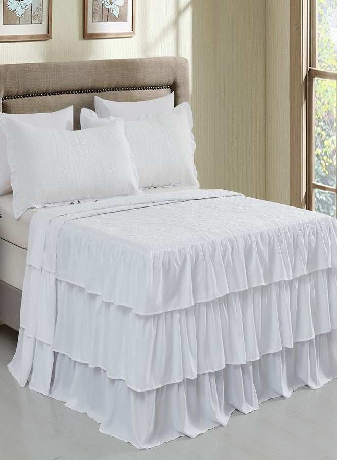 CHIXIN Ruffle Skirt Bedspread King Size - 30" Long Drop, Shabby Chic Style, Lightweight Bedding Cover, 3 Piece Set, Chic Layers, Pure White - Image 1
