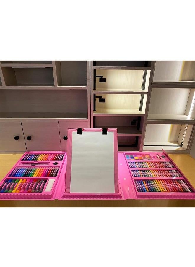 SWIFT 208 Pieces Double Sided Trifold Easel Art Set Portable Art Supplies Drawing Set Box With Oil Pastels Crayons Colored Pencils Markers Paint Brush Sketch Pad For Kids Gift (Pink) - Image 1