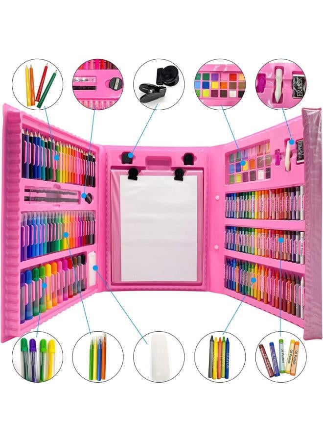 SWIFT 208 Pieces Double Sided Trifold Easel Art Set Portable Art Supplies Drawing Set Box With Oil Pastels Crayons Colored Pencils Markers Paint Brush Sketch Pad For Kids Gift (Pink) - Image 2