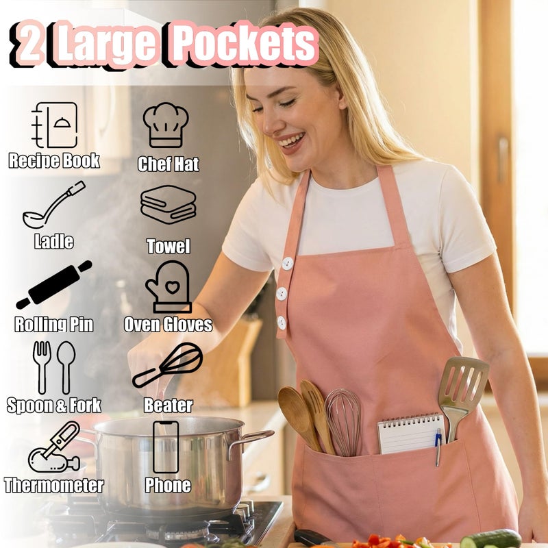 TOSHE Kitchen Apron Waterdrop Resistant Cotton Apron with adjustable Aprons for Women with Pockets 10 Color option Cooking Powder Pink Apron (Powder Pink) - Image 2