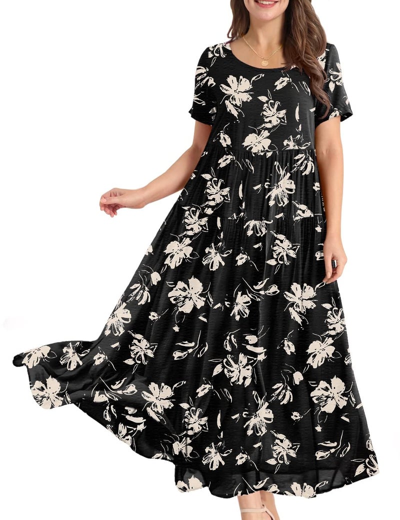 YESNO Women Casual Loose Bohemian Floral Dress with Pockets Short Sleeve Long Maxi Summer Beach Swing Dress L EJF CR346 - Image 1