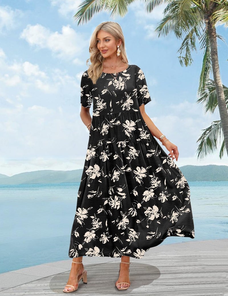 YESNO Women Casual Loose Bohemian Floral Dress with Pockets Short Sleeve Long Maxi Summer Beach Swing Dress L EJF CR346 - Image 2