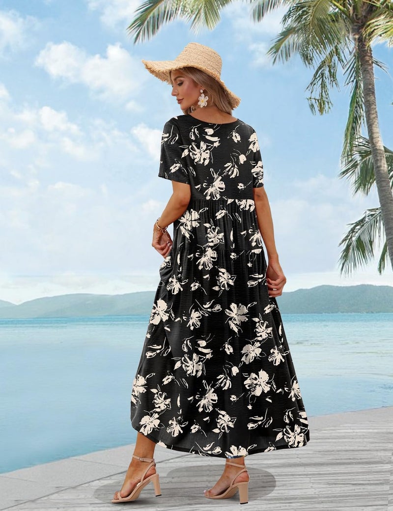 YESNO Women Casual Loose Bohemian Floral Dress with Pockets Short Sleeve Long Maxi Summer Beach Swing Dress L EJF CR346 - Image 4
