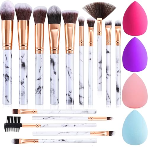 DUAIU Makeup Brushes DUAIU 15PCs Marble Makeup Brush Set Premium Synthetic Kabuki Powder Blush Contour Foundation Concealer Eyeshadow Brushes with Makeup Sponge Make up Tool A Grey - Image 1