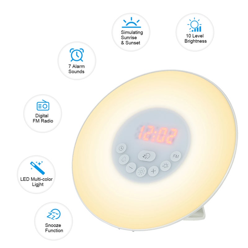 Sunrise Alarm Clock: 6 Colors 10-Level Warm White Light Gentle Wake-Up With Natural Sounds - Sunset Simulation Sleep Aid Touch Control FM Radio For Bedside Use - Image 3