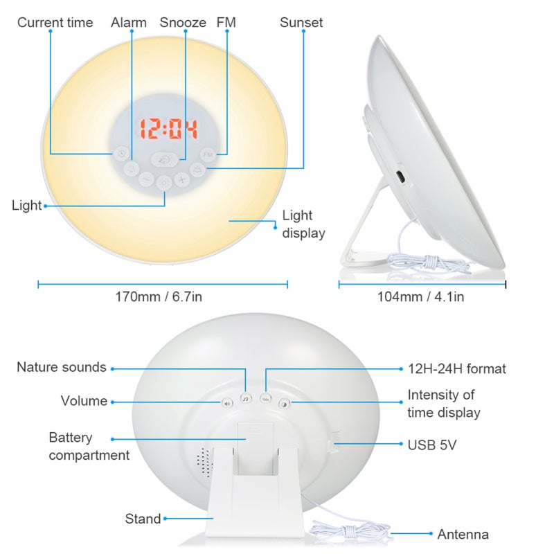 Sunrise Alarm Clock: 6 Colors 10-Level Warm White Light Gentle Wake-Up With Natural Sounds - Sunset Simulation Sleep Aid Touch Control FM Radio For Bedside Use - Image 2