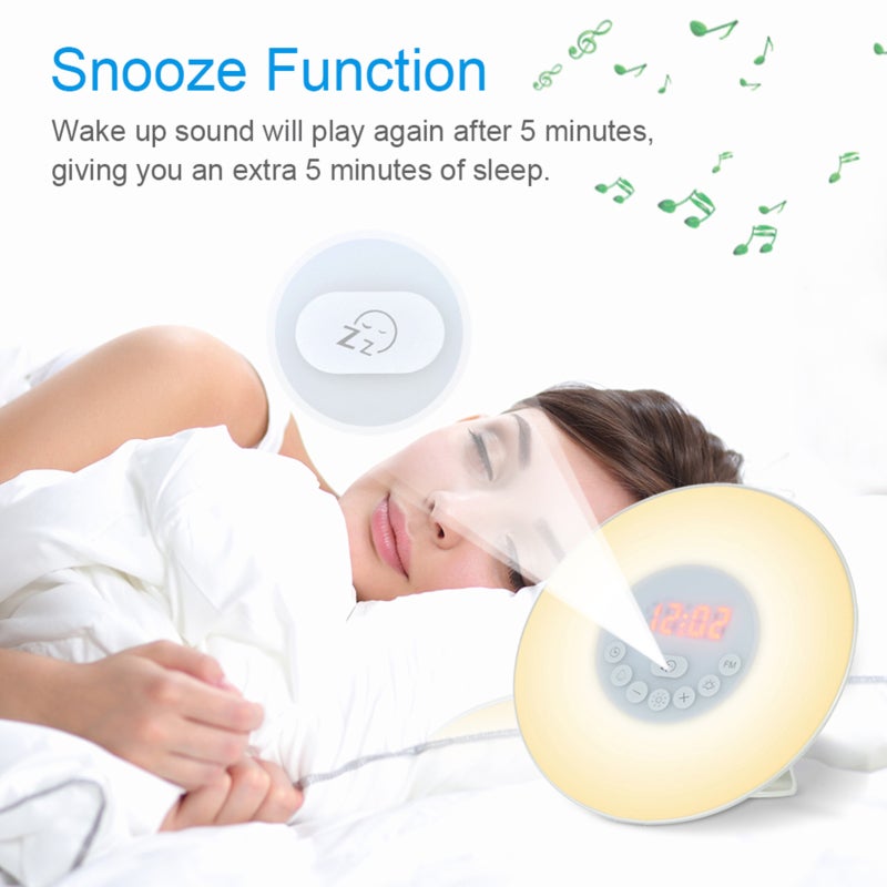Sunrise Alarm Clock: 6 Colors 10-Level Warm White Light Gentle Wake-Up With Natural Sounds - Sunset Simulation Sleep Aid Touch Control FM Radio For Bedside Use - Image 5