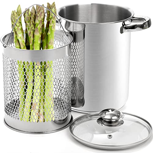 AVLA Asparagus Pot, 4 Quart Stainless Steel Steamer Cooker, Vegetable Asparagus Cooker with Removable Basket and Lid for Pasta, Spaghetti, Boiled Eggs, Shrimp, Oil Deep Fry Pan for French Fries - Image 4