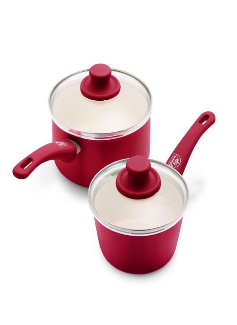 GreenLife Soft Grip Healthy Ceramic Nonstick, 1QT and 2QT Saucepan Pot Set with Lids, PFAS-Free, Dishwasher Safe, Red