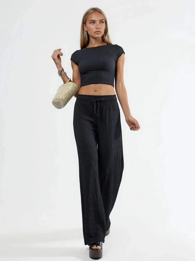 Busem BUSEM Textured Wide Leg Trousers with Drawstring Waist