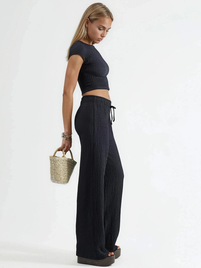 BUSEM Textured Wide Leg Trousers with Drawstring Waist - Image 3