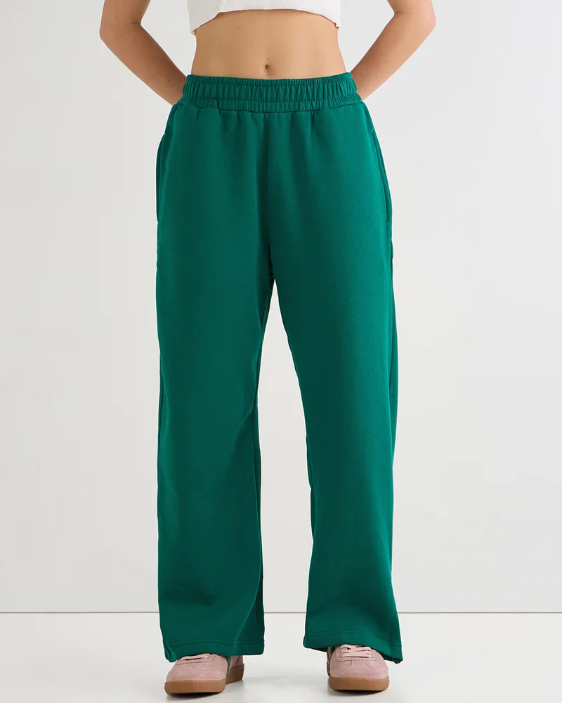 bewakoof Heavy Duty 1.0 Women's Green Straight Fit Flared Track Pants