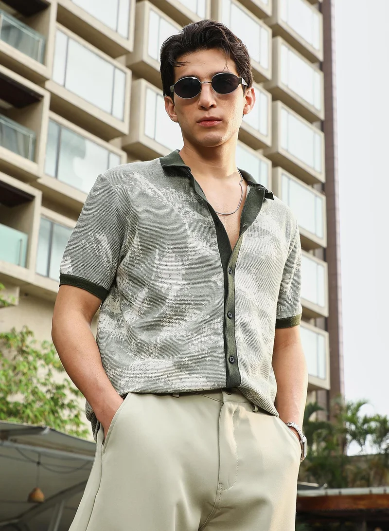 Campus Sutra Campus Sutra Men's Juniper Green Fade-Imprint Waffle Polo Shirt | Polo Neck , Short  Ribbed Cuff Sleeves , Button  Closure | Abstract Print Waffle | Cotton-Blend Shirt For Casual Wear