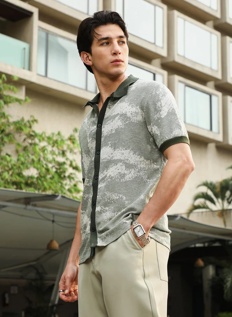 Campus Sutra Campus Sutra Men's Juniper Green Fade-Imprint Waffle Polo Shirt | Polo Neck , Short  Ribbed Cuff Sleeves , Button  Closure | Abstract Print Waffle | Cotton-Blend Shirt For Casual Wear