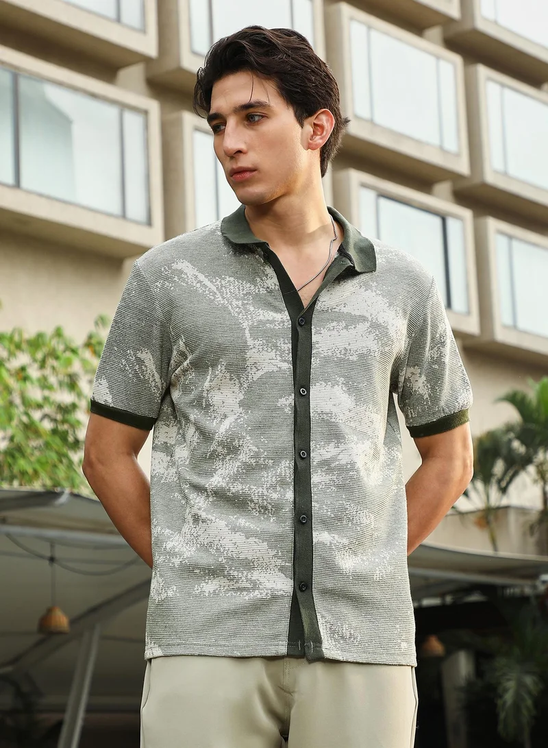 Campus Sutra Campus Sutra Men's Juniper Green Fade-Imprint Waffle Polo Shirt | Polo Neck , Short  Ribbed Cuff Sleeves , Button  Closure | Abstract Print Waffle | Cotton-Blend Shirt For Casual Wear