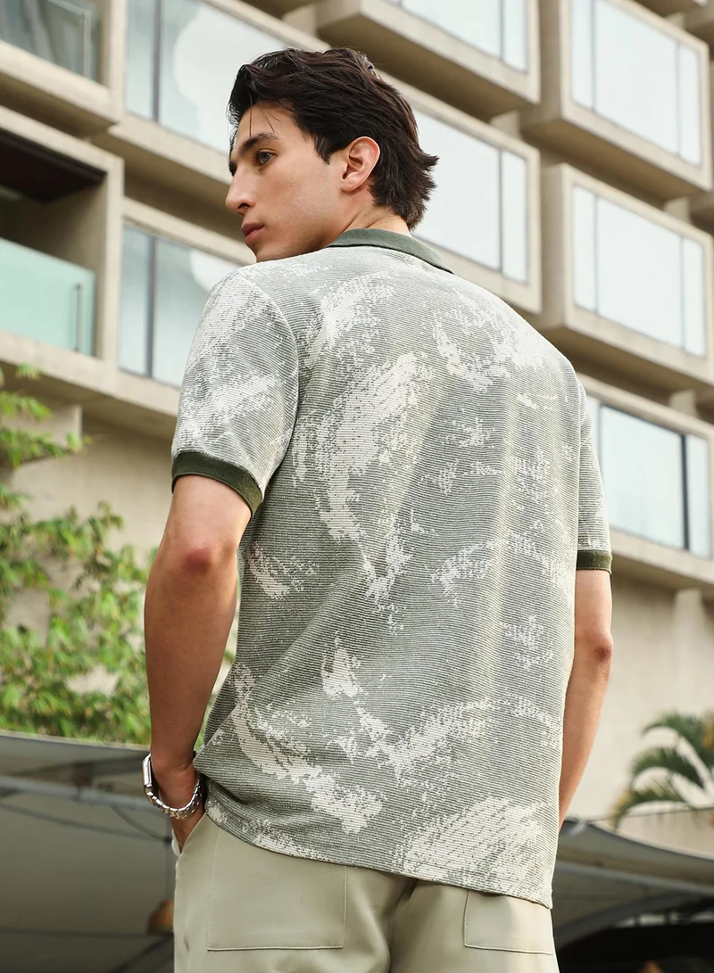 Campus Sutra Campus Sutra Men's Juniper Green Fade-Imprint Waffle Polo Shirt | Polo Neck , Short  Ribbed Cuff Sleeves , Button  Closure | Abstract Print Waffle | Cotton-Blend Shirt For Casual Wear
