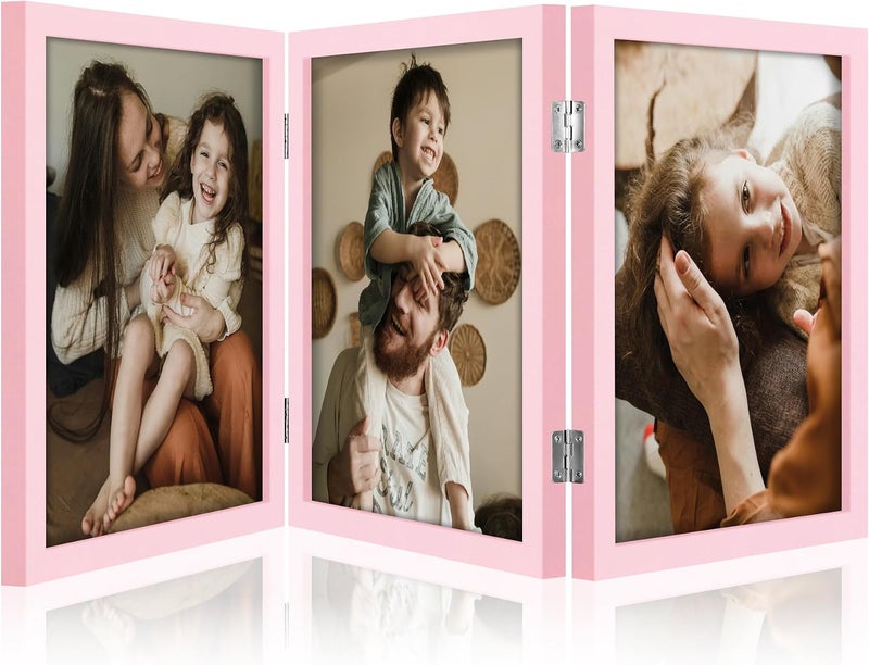 decorUhome Triple 8X10 Picture Frame Vertical, Engineered Wood Trifold Photo Frame with Plexiglass for Tabletop Display, 8X10, Pink - Image 1